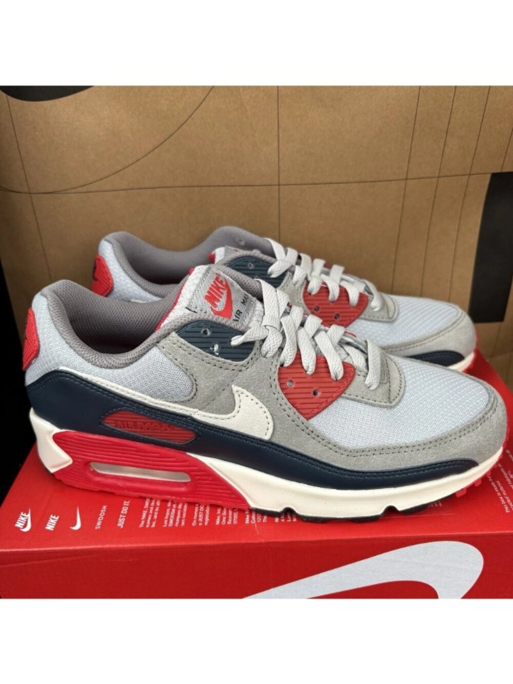 NEW Nike Air Max 90 "USA" Smoke Grey Navy Fire Red DM0029-005 Men Size 10